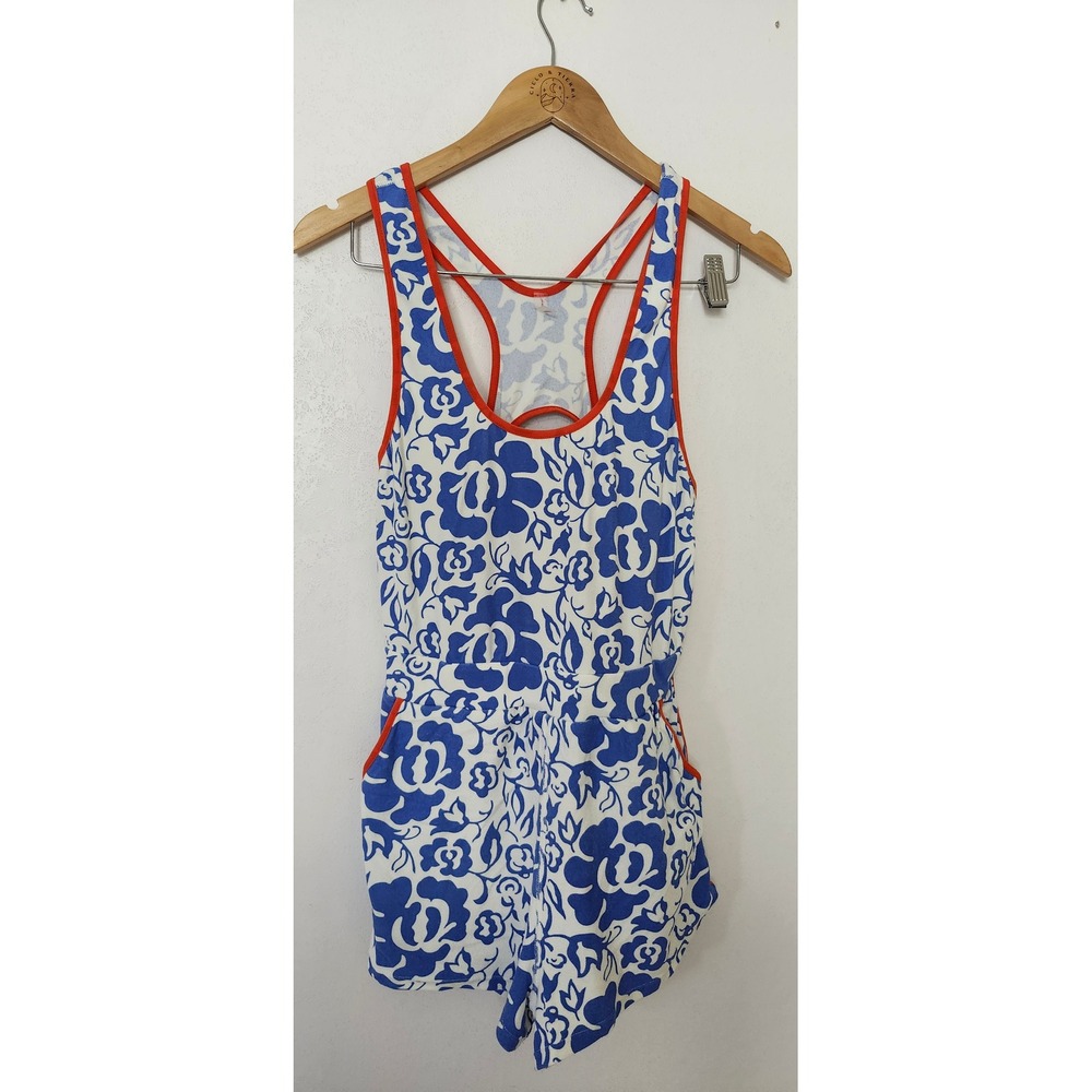 Free People Movement Floral Romper Blue White Orange Trim Racerback Small